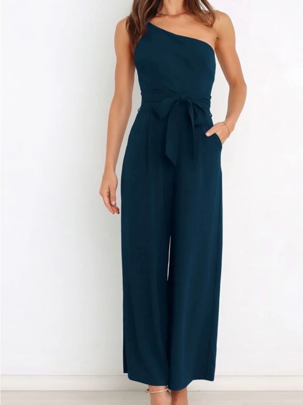 Asymmetric One-Shoulder Wide-Leg Jumpsuit in Deep Teal
